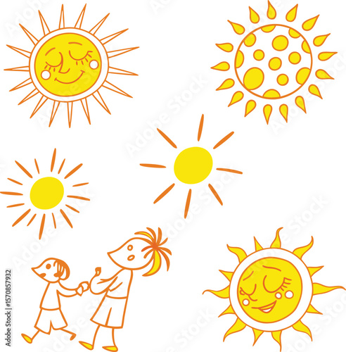 Happy cartoon suns and children holding hands under bright sunshine