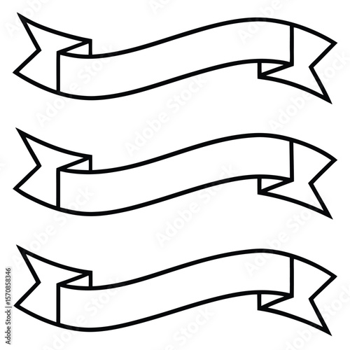 Three empty ribbon banners with pointed ends blank white