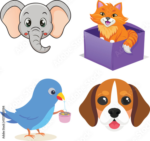 Vector art of adorable cartoon animals an elephant, a cat in a purple box, a blue bird, and a beagle dog, isolated on white background