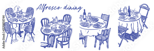 Summer alfresco dining hand drawn doodle style set