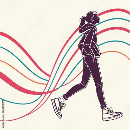 Woman walking in rain, silhouette symbolizing resilience and solitude vector design Generative AI. A silhouette of a woman walking in the rain, symbolizing resilience, introspection, and solitude in