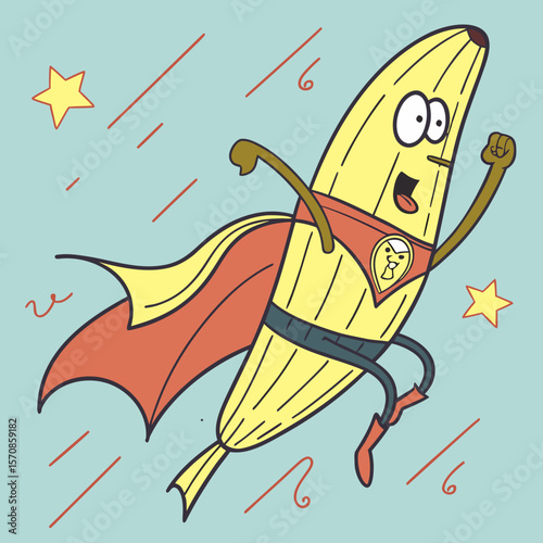 Banana Peeling Itself Like a Superhero – Funny Fruit Transformation Art, Playful Super Banana Illustration, Wholesome Food Hero, Punny Potassium Power, Cute Anthropomorphic Fruit Design