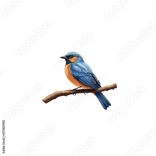 A bluebird perched gracefully on a branch against white background