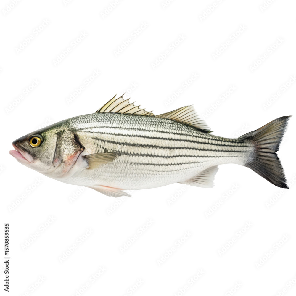 Fototapeta premium Fresh white striped bass fish on transparent background