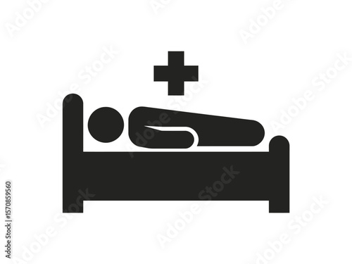 A simple black and white medical symbol showing a hospital bed with a figure lying down