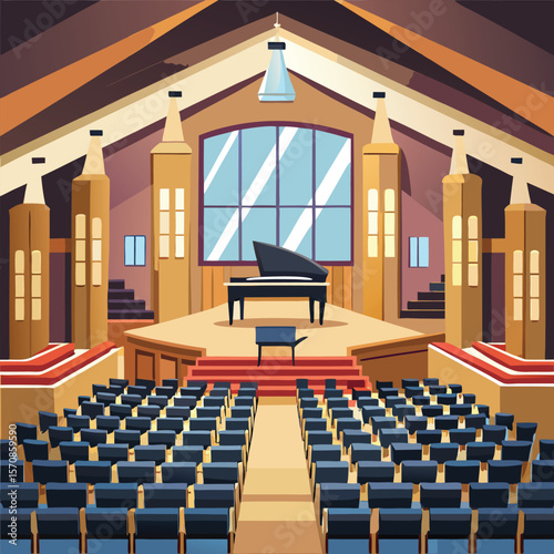 Modern auditorium with grand piano and seating concert hall