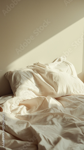 Soft morning light illuminating an unmade bed with wrinkled sheets and scattered pillows