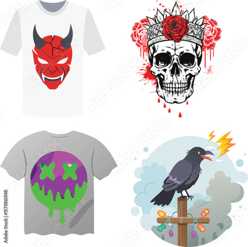 Vector art of a set of four vector illustrations designed for tshirts, featuring a devil mask, a skull with a rose crown, a melting face, and a crow on a