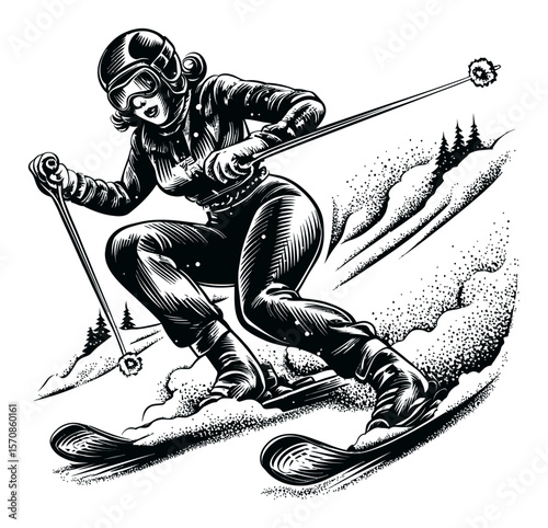 Dynamic Hand-Drawn Vector Illustration of a Female Skier in Action