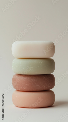 Softly colored bars of soap stacked neatly on a light background, showcasing minimalist design and natural hues