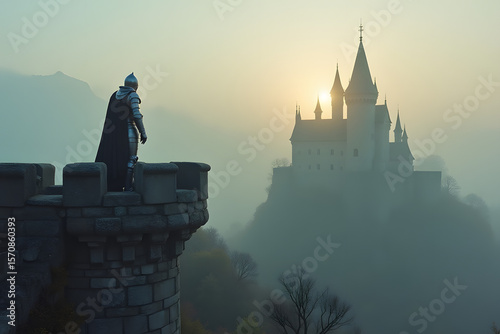  A knight in silver armor stands guard atop a misty castle tower at dawn.
