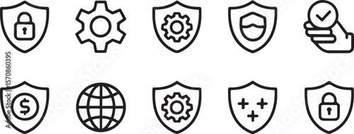 Collection of Protection and Security Icons Depicting Gear Shields Padlocks Hand with Checkmark Globe and Dollar Symbol for Cyber Concepts