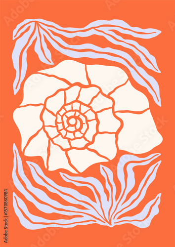 Underwater seashell vector illustration. Minimalist retro sea poster design with ocean shell, seaweeds, corals
