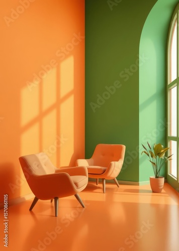 Armchair colorful green and orange room interior Empty room interior design architecture blank design room