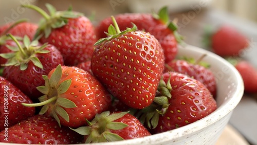 Closeup of Fresh Red Strawberries in a Bowl, Juicy and Ripe Summer Berries