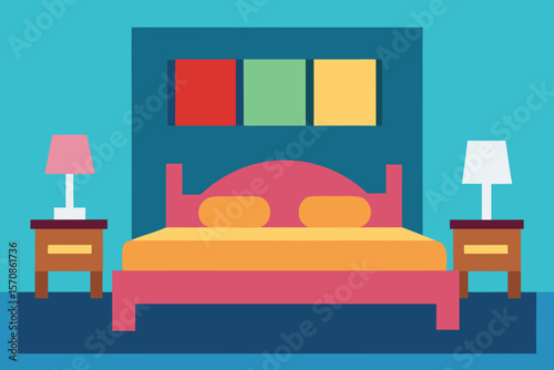 Modern bedroom interior with a pink bed and colorful abstract wall art