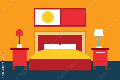 Modern flat design bedroom interior with bed and nightstands