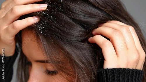 Close up of woman scratching scalp with dandruff flakes on dark hair showing scalp irritation and hair care problems with visible flakes