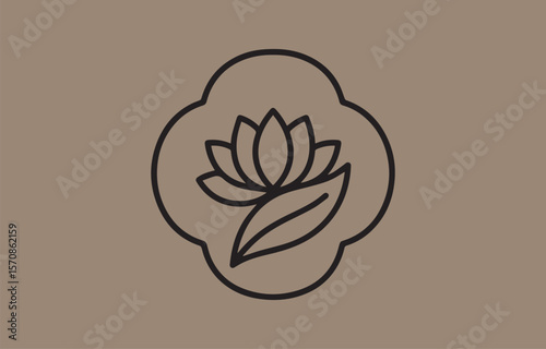 Elegant black line art of a lotus flower with leaves inside a quatrefoil shape on a muted brown background