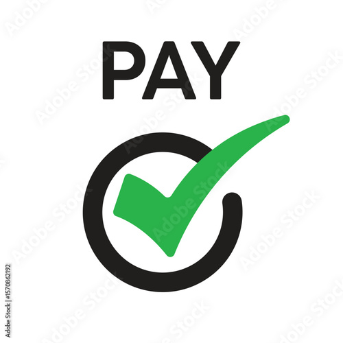 Flat design of a green circle with a white checkmark and bold "PAY" text above. Minimalist, vibrant style indicating approval, confirmation, or successful payment.