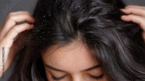 Dandruff flakes on dark hair scalp close up showing dry scalp skin and hair with hands touching itchy head causing discomfort and flakes