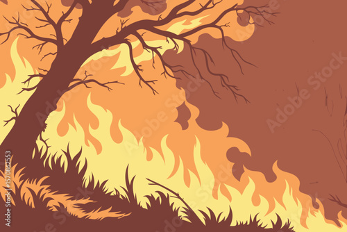 Vector illustration of an autumn forest fire with orange and yellow leaves on trees and branches, ideal for nature-themed designs