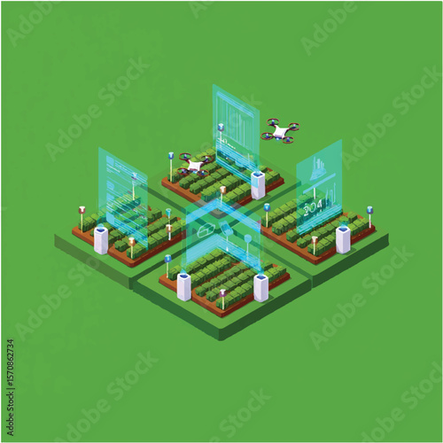 Futuristic isometric illustration of smart agriculture with drones and data visualization