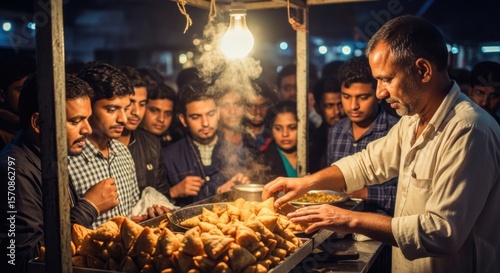 Indian street food vendor serving samosas to crowd at night market