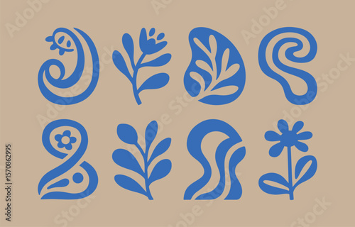 Abstract blue organic shapes and floral motifs arranged in a grid on a neutral beige background