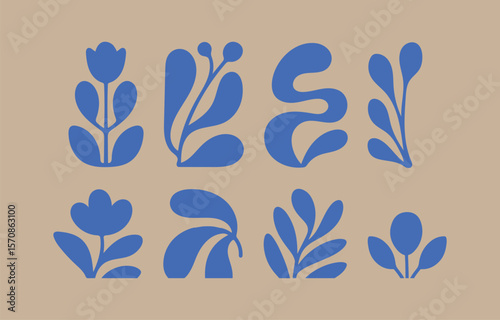 Abstract blue botanical silhouettes with organic shapes on a neutral beige background