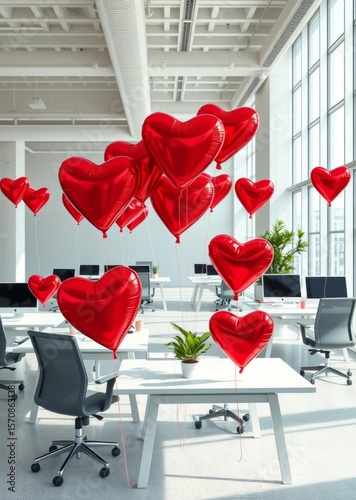 Modern office workspace decorated with red heart shaped foil balloons near each table white interior openspace office grey chairs monitors on white tables green plants valentine's day sun light