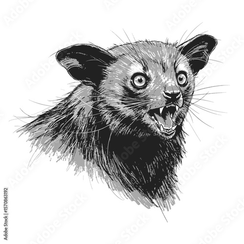 Aye-aye – Daubentonia madagascariensis.Penandink drawing of a Philippine tarsier perched on a branch. Suitable for naturethemed designs, educational materials, and wildlife conservation campaigns.