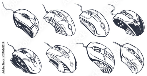 Set of eight hand drawn wired gaming mice in black and white sketch style