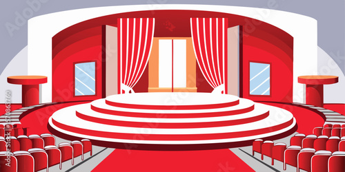 Red auditorium stage with tiered seating presentation