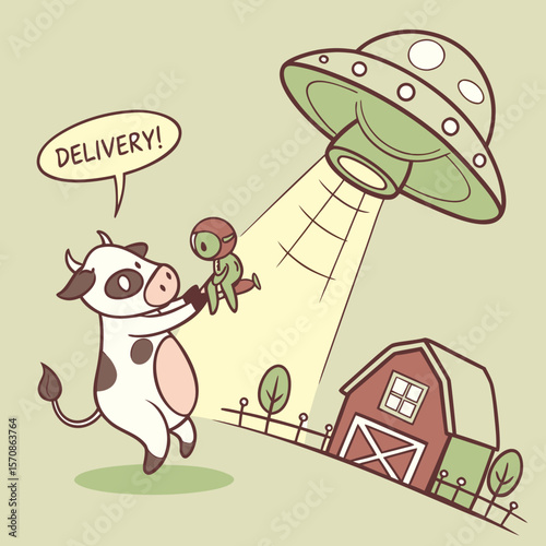 Alien Abducting Cow with 'Delivery!' Sign – Whimsical UFO Humor, Funny Sci-Fi Farm Art, Playful Extraterrestrial Kidnapping, Punny Space Delivery, Quirky Rural Abduction Illustration