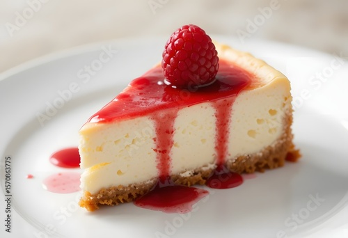 Single slice of cheesecake with raspberry on plain white plate