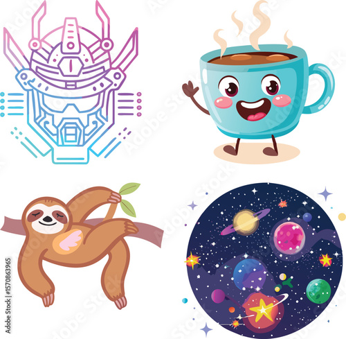 Vector art of a set of four vector illustrations includes a robot head, a cute coffee cup, a sloth hanging on a branch, and a space scene with planets and stars, isolated on white background