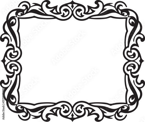 Elegant black ornate decorative frame with swirling floral scrollwork and filigree on a white background
