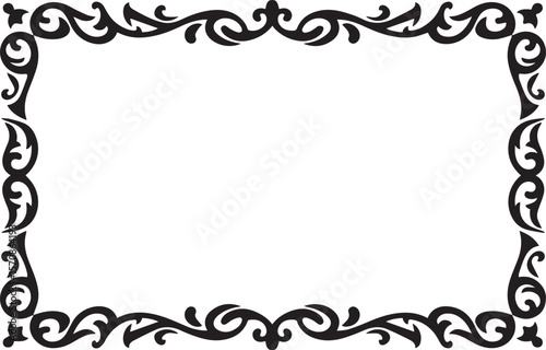 Elegant black ornamental rectangular frame with swirling floral motifs and decorative flourishes on a white background