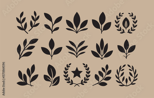 Collection of elegant black botanical leaf and laurel wreath icons on a neutral beige background