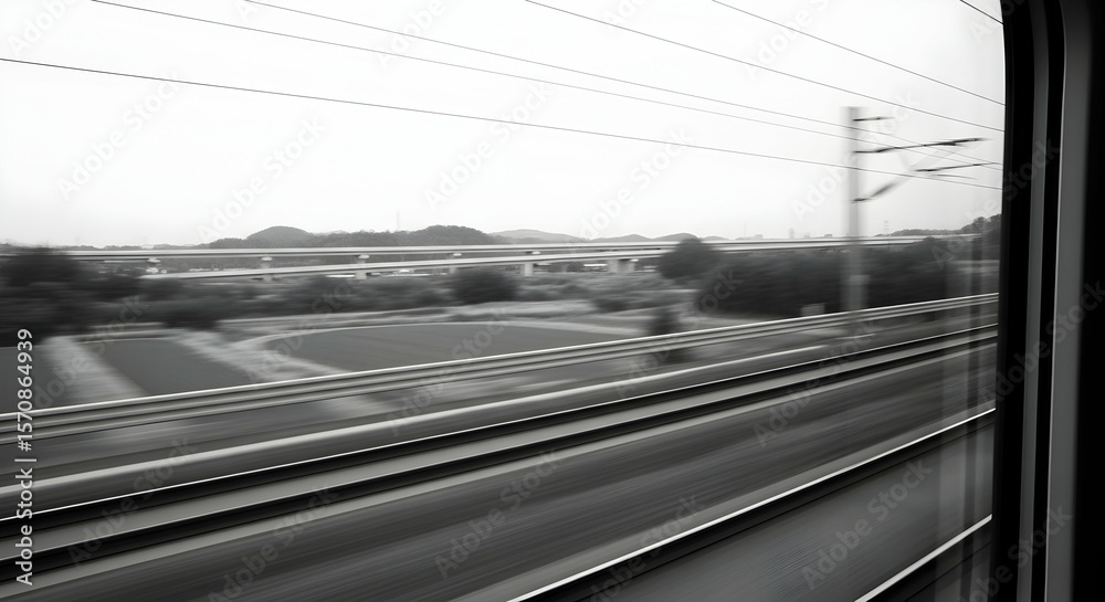 Naklejka premium Urban Vista Seen From A Train Window Depicting Rapid Transit And Motion Blur