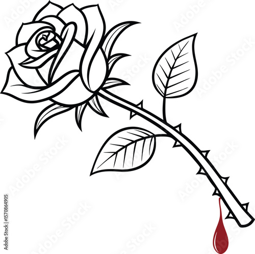 Stylized black outline rose with thorns and a drop of blood