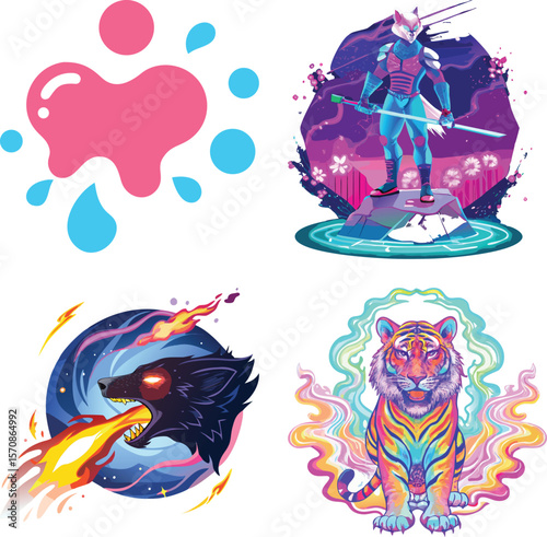 Vector art of a vibrant vector illustration showcasing a pink and blue splash, a futuristic ninja warrior, a fiery wolf, and a rainbow tiger