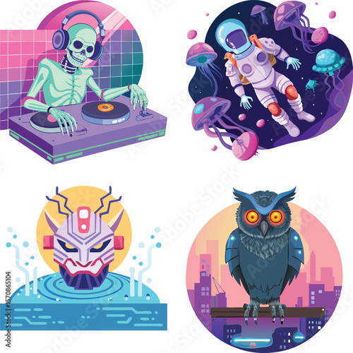 Vector art of a captivating vector illustration featuring a skeleton dj, an astronaut among jellyfish, an oni mask, and an owl perched atop a cityscape
