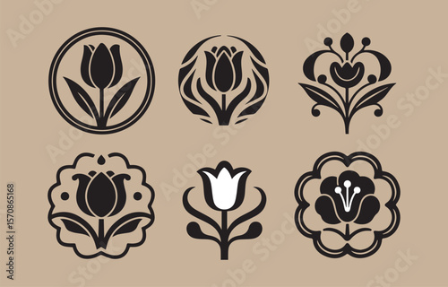 Collection of six stylized black and white floral emblems featuring tulips and decorative elements on a beige background
