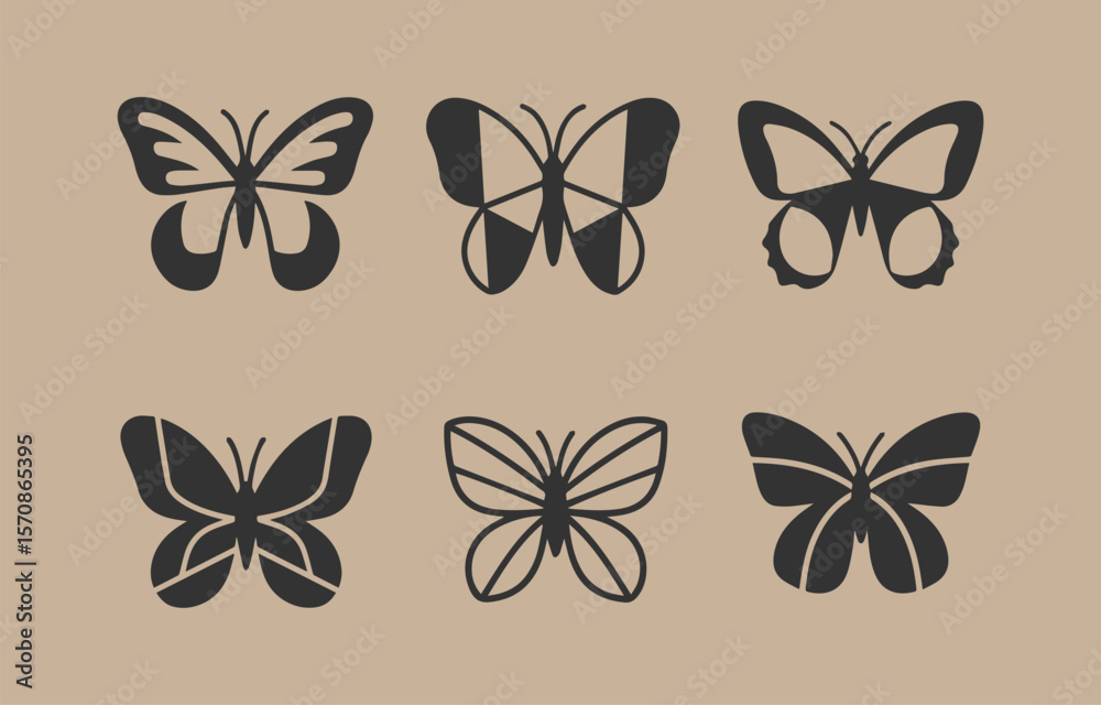 Fototapeta premium Collection of six stylized dark gray butterfly silhouettes on a light beige background