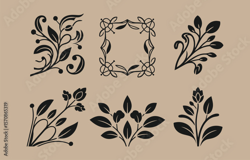 Collection of six elegant black floral and leaf decorative elements and borders on a beige background