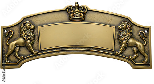 Ornate metal sign with lions and a crown offers a regal touch and space for personalized text, perfect for branding.