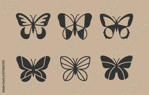 Collection of six stylized dark gray butterfly silhouettes on a light beige background