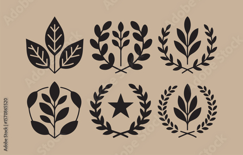 Collection of six stylized black leaf and laurel wreath emblems on a neutral beige background